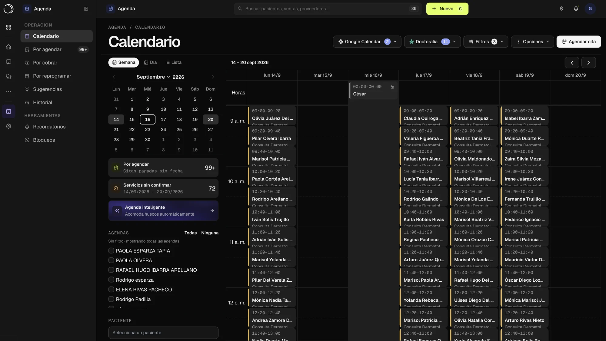 Agenda semanal con las citas de todas las agendas